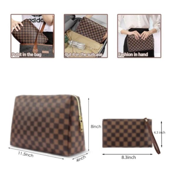 Cosmetic Bag Leather Large Checkered 2 Pack Large Capacity Travel Cosmetic Bag - Picture 2 of 4